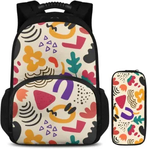 15.6 Inch School Bag Floral Print Pen Pouch & Kids School Bag 2 Piece Set, Multi-Functional Insulation and Cold Storage Compartments, for Travel Daycare & Travel