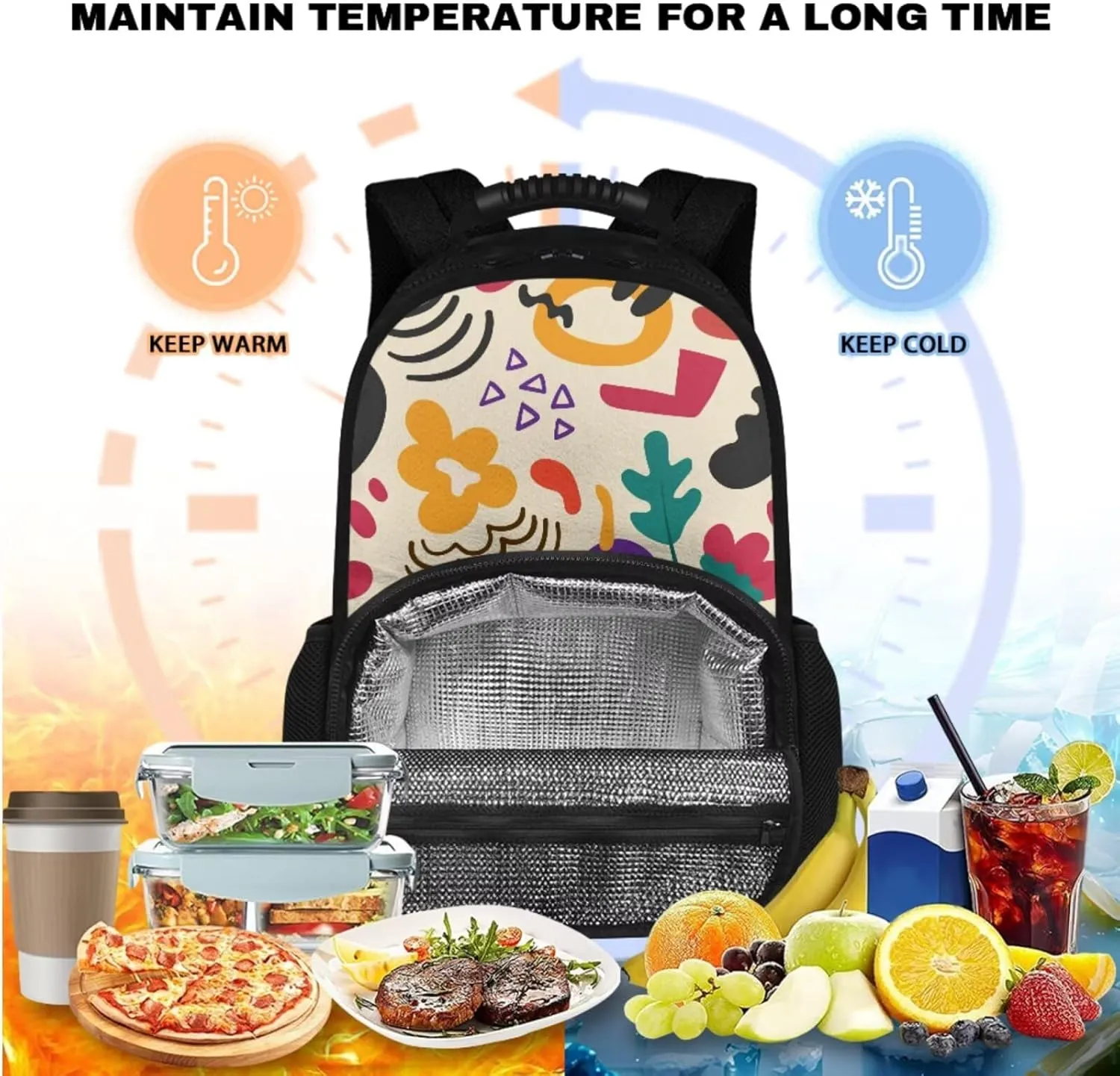 15.6 Inch School Bag Floral Print Pen Pouch & Kids School Bag 2 Piece Set, Multi-Functional Insulation and Cold Storage Compartments, for Travel Daycare & Travel