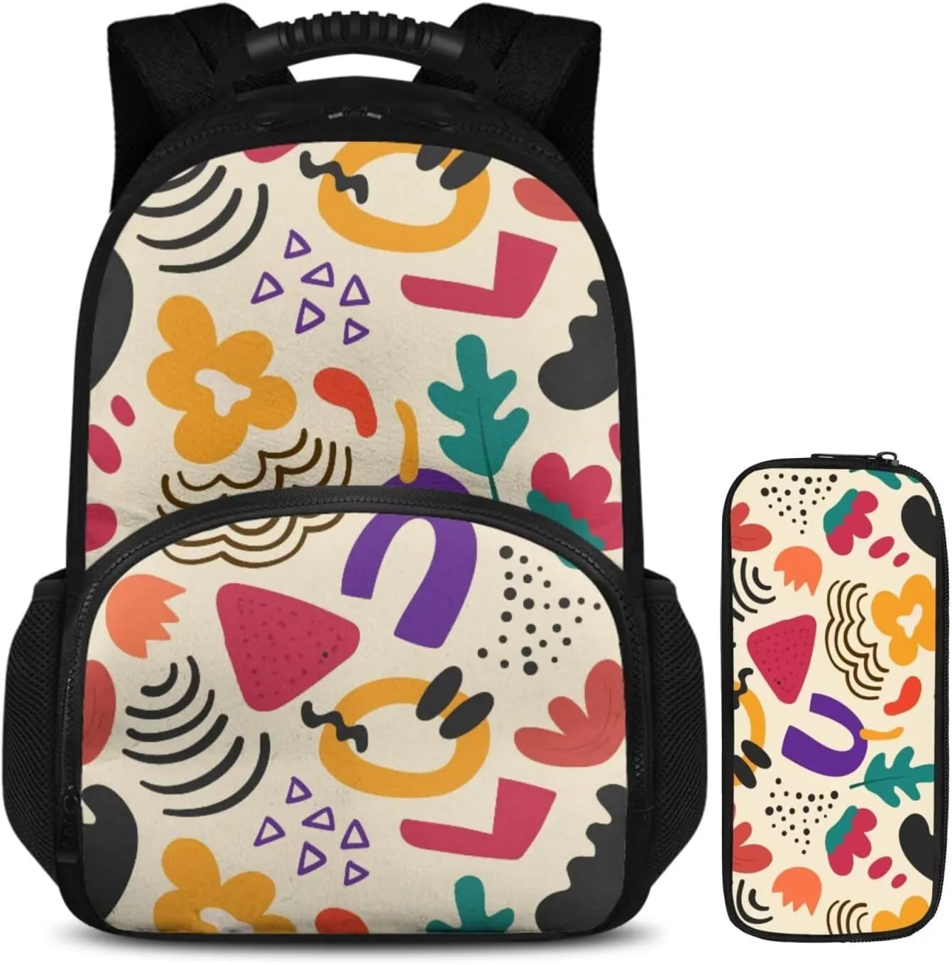 15.6 Inch School Bag Floral Print Pen Pouch & Kids School Bag 2 Piece Set, Multi-Functional Insulation and Cold Storage Compartments, for Travel Daycare & Travel