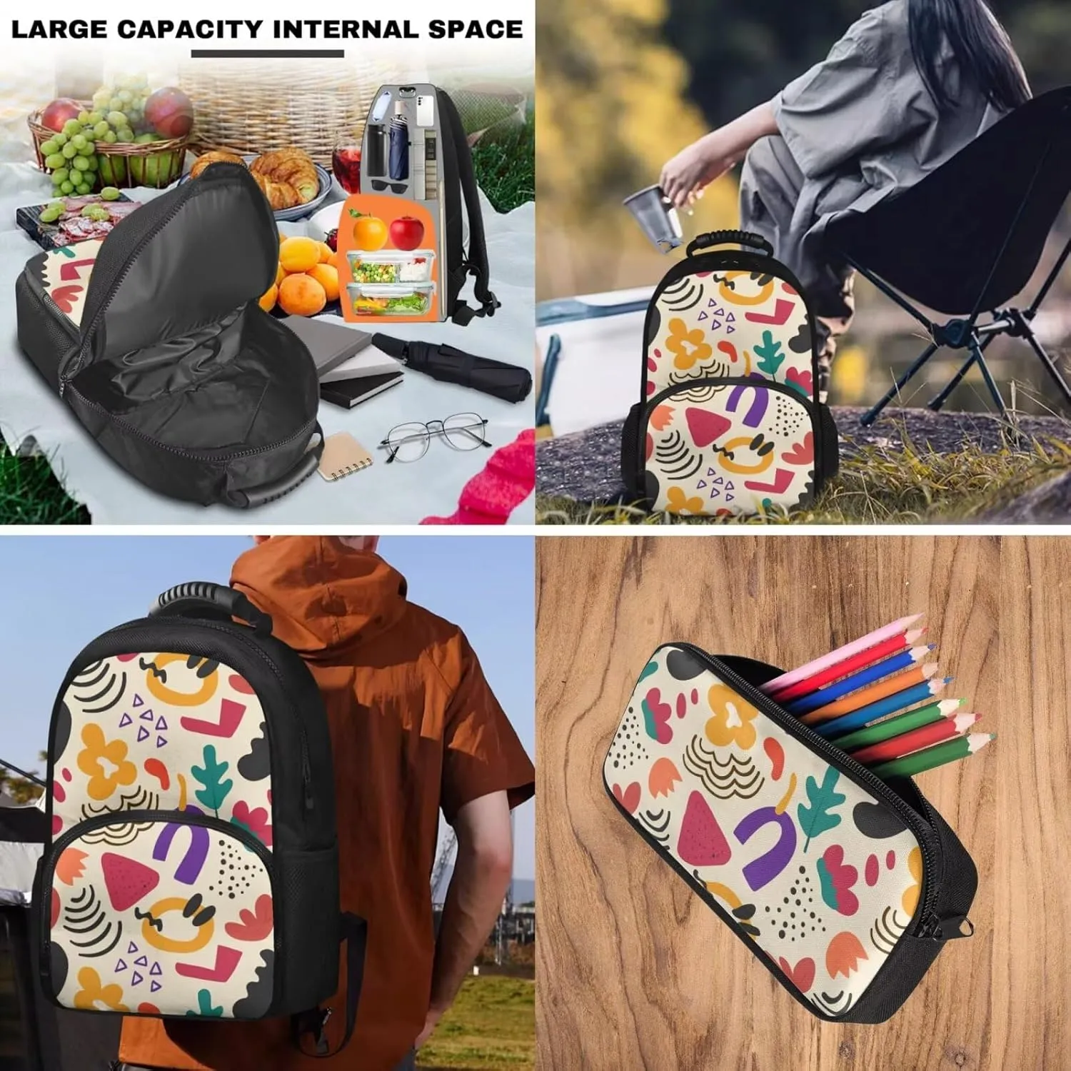 15.6 Inch School Bag Floral Print Pen Pouch & Kids School Bag 2 Piece Set, Multi-Functional Insulation and Cold Storage Compartments, for Travel Daycare & Travel