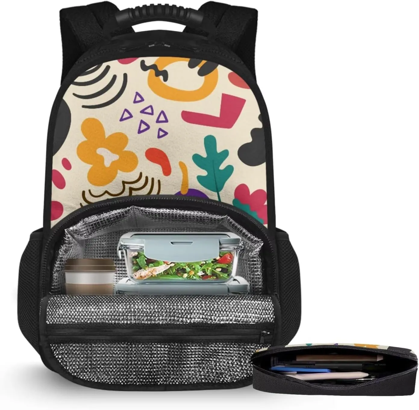 15.6 Inch School Bag Floral Print Pen Pouch & Kids School Bag 2 Piece Set, Multi-Functional Insulation and Cold Storage Compartments, for Travel Daycare & Travel