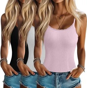 3 Pack Lace Camisole Tank Tops for Women Ribbed Lace Trim Tank Top U Neck Undershirts Adjustable Spaghetti Strap Cami