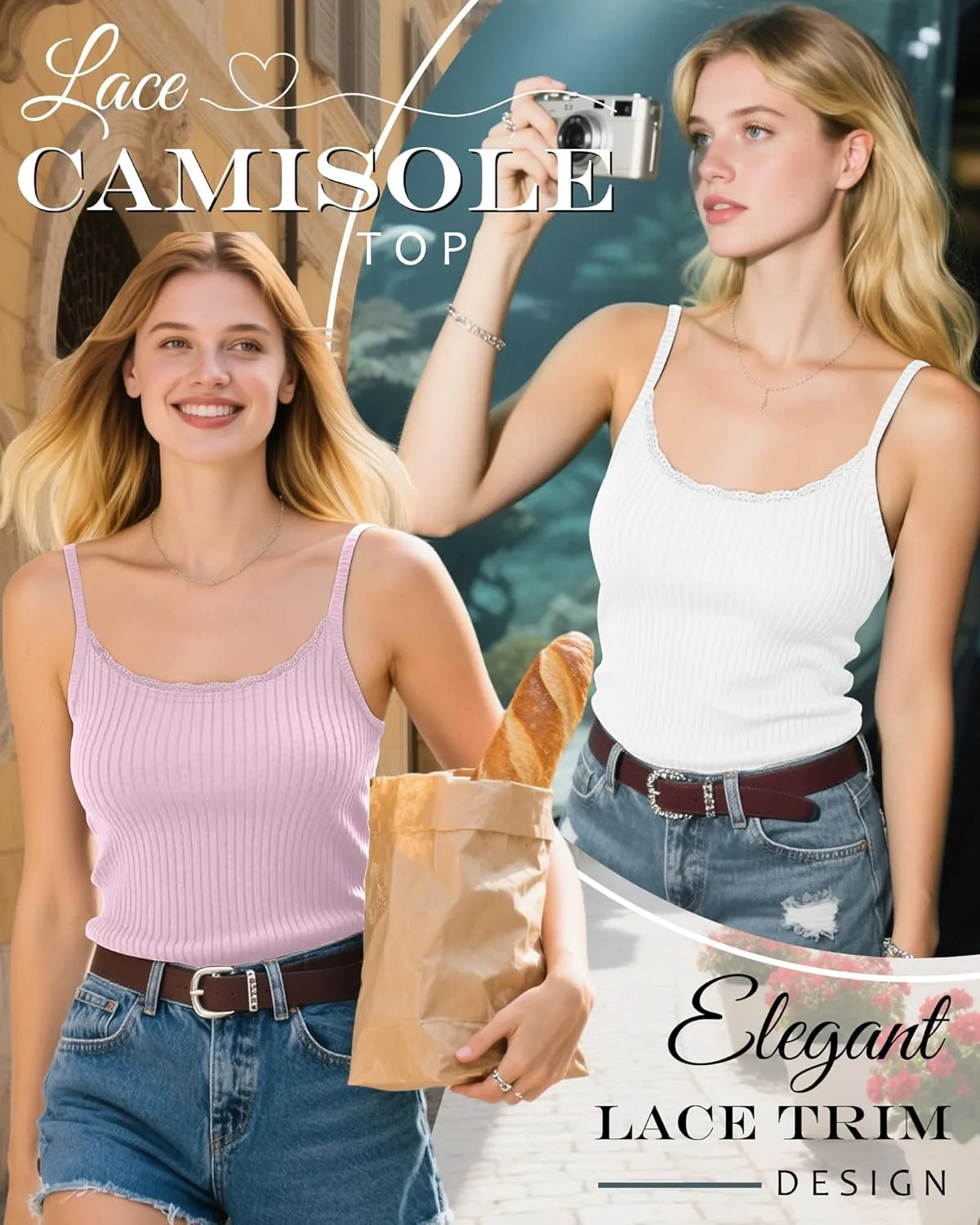 3 Pack Lace Camisole Tank Tops for Women Ribbed Lace Trim Tank Top U Neck Undershirts Adjustable Spaghetti Strap Cami