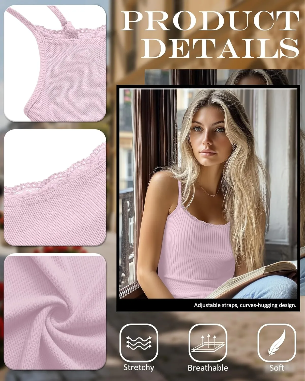 3 Pack Lace Camisole Tank Tops for Women Ribbed Lace Trim Tank Top U Neck Undershirts Adjustable Spaghetti Strap Cami