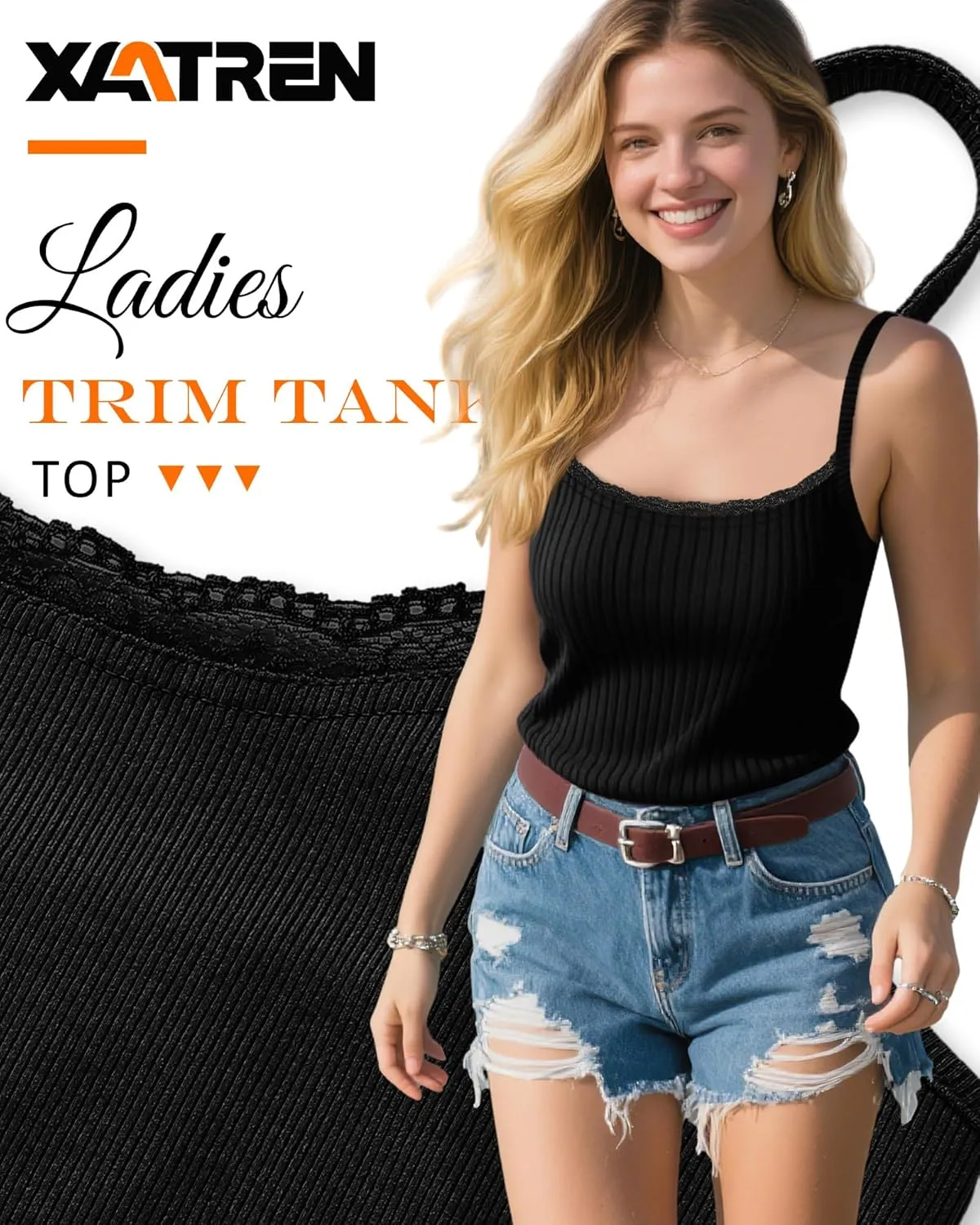 3 Pack Lace Camisole Tank Tops for Women Ribbed Lace Trim Tank Top U Neck Undershirts Adjustable Spaghetti Strap Cami