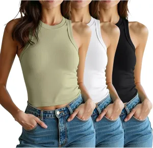 3 Pack Women Sleeveless High Neck Tank Tops Casual Basic Cotton Crop Tops Slim Fit Shirts for Women