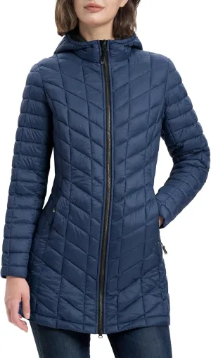 33,000ft Women's Long Puffer Jacket with Hood, Lightweight Warm Puffy Quilted Winter Coats
