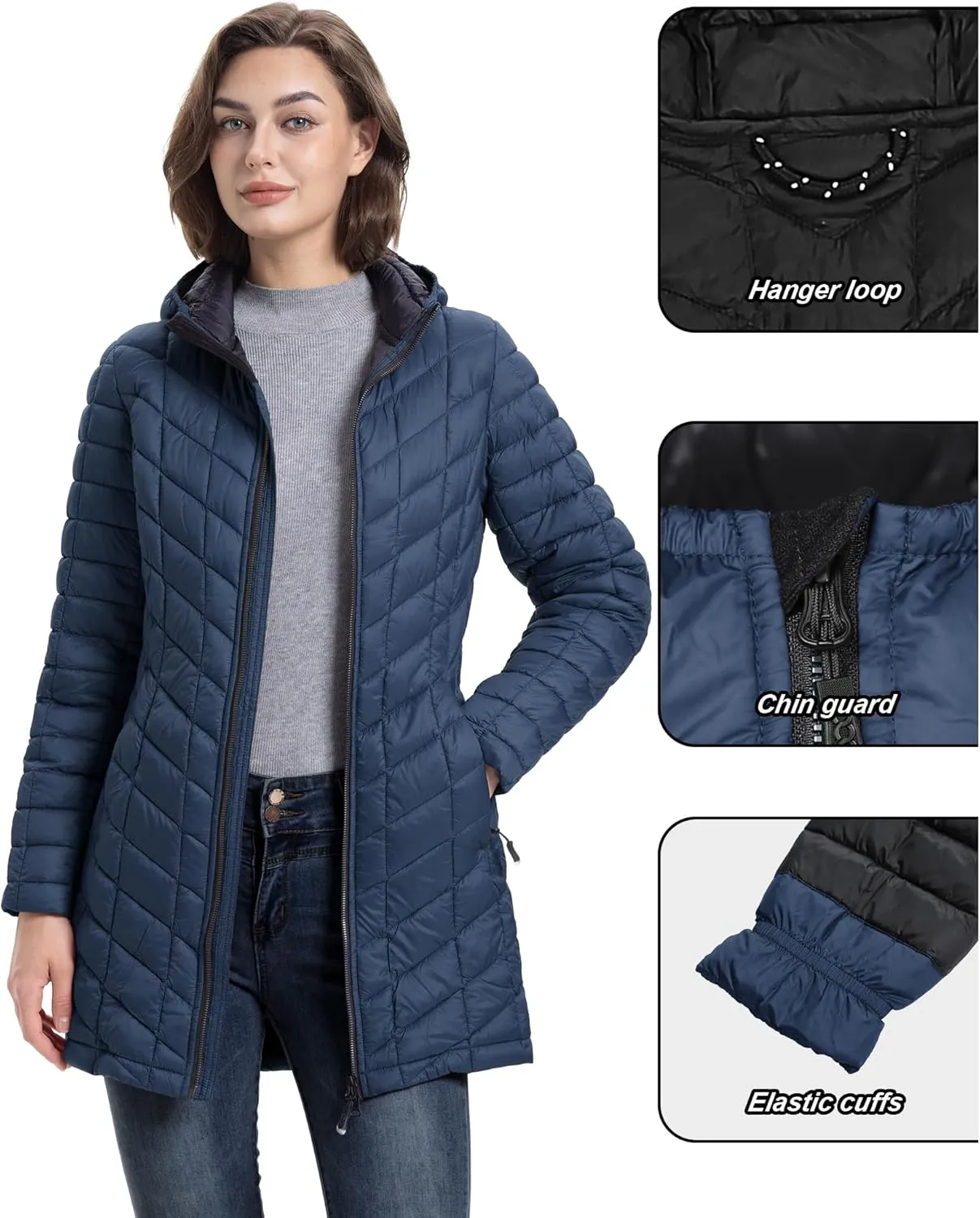 33,000ft Women's Long Puffer Jacket with Hood, Lightweight Warm Puffy Quilted Winter Coats