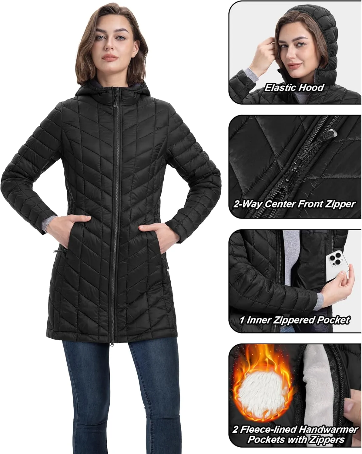33,000ft Women's Long Puffer Jacket with Hood, Lightweight Warm Puffy Quilted Winter Coats