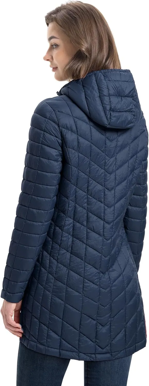33,000ft Women's Long Puffer Jacket with Hood, Lightweight Warm Puffy Quilted Winter Coats