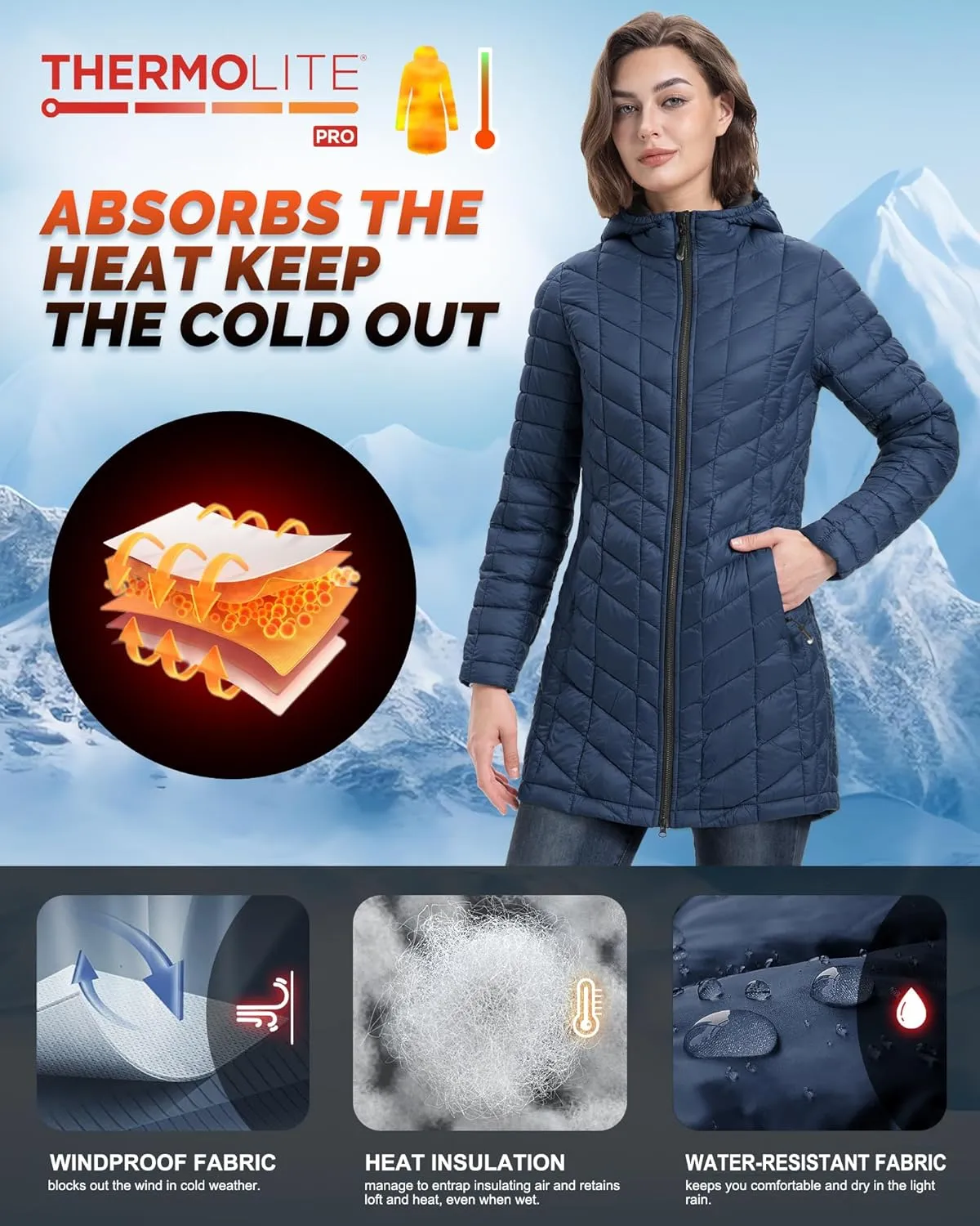 33,000ft Women's Long Puffer Jacket with Hood, Lightweight Warm Puffy Quilted Winter Coats