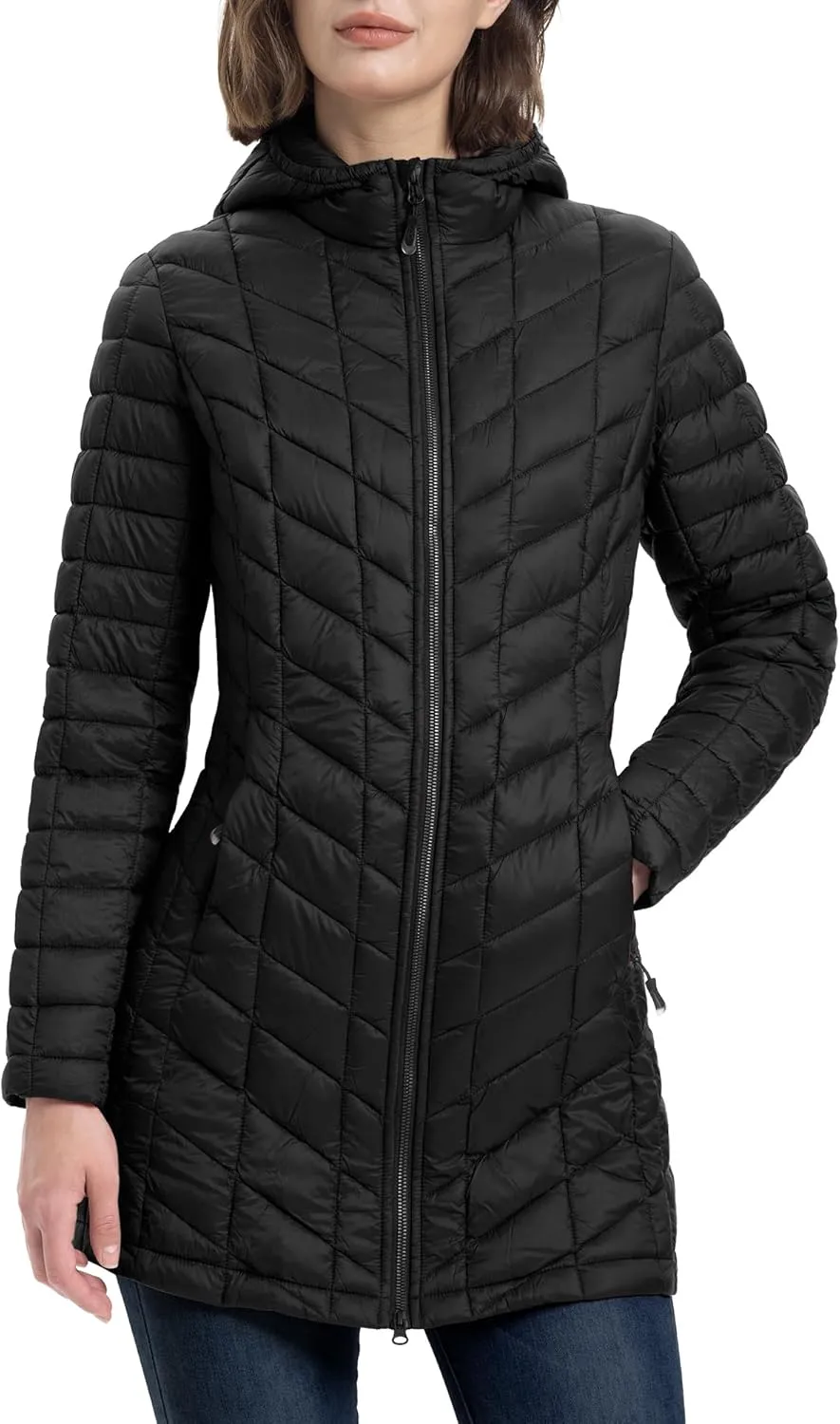 33,000ft Women's Long Puffer Jacket with Hood, Lightweight Warm Puffy Quilted Winter Coats