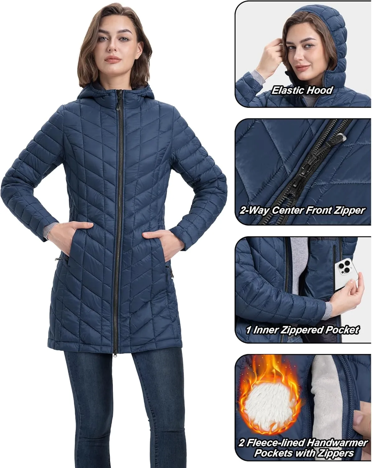 33,000ft Women's Long Puffer Jacket with Hood, Lightweight Warm Puffy Quilted Winter Coats