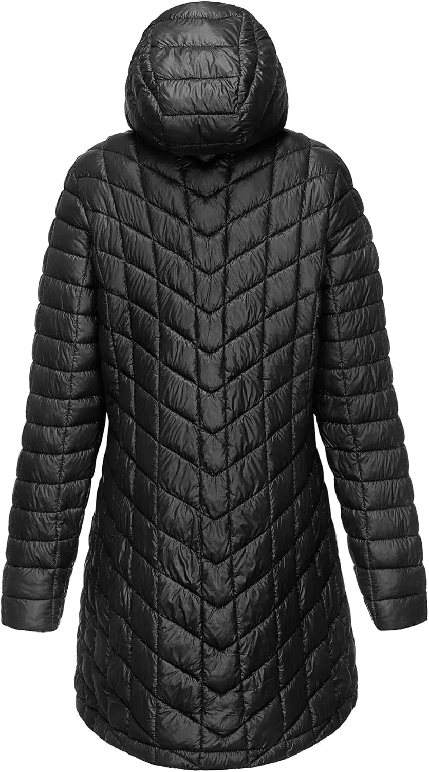 33,000ft Women's Long Puffer Jacket with Hood, Lightweight Warm Puffy Quilted Winter Coats