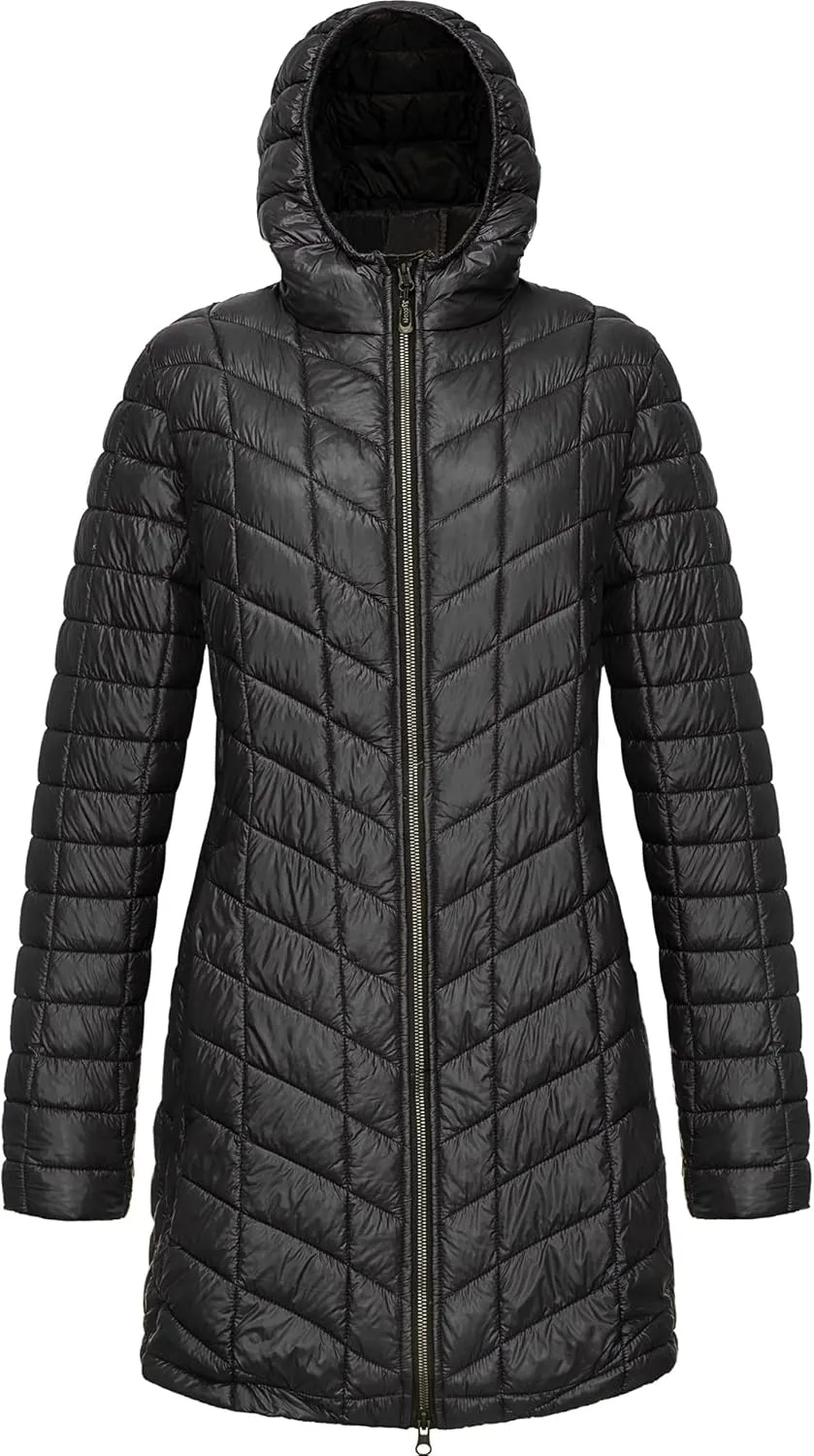 33,000ft Women's Long Puffer Jacket with Hood, Lightweight Warm Puffy Quilted Winter Coats
