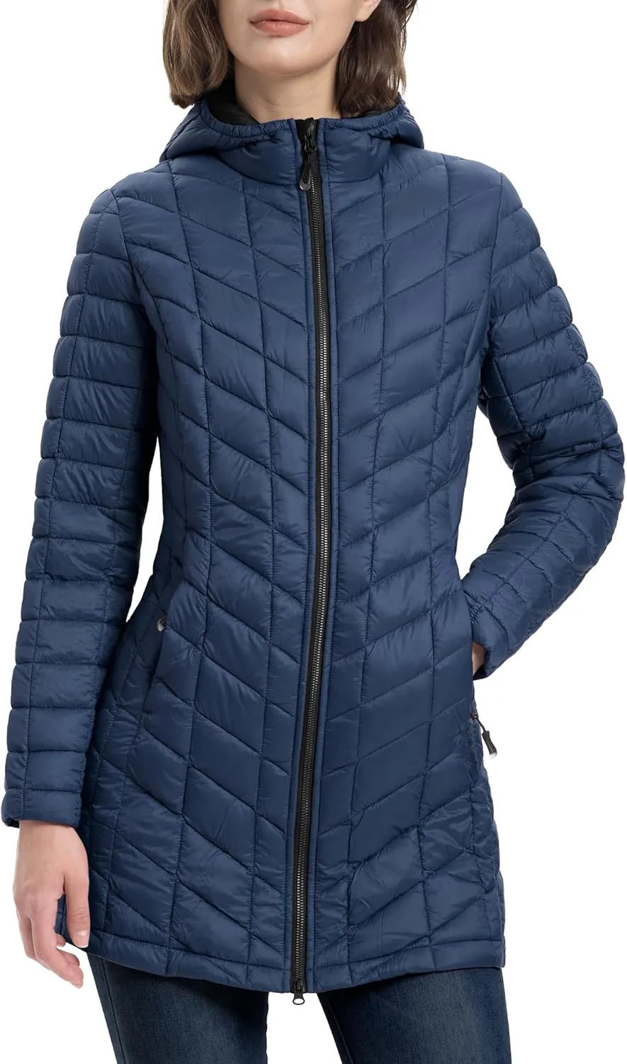 33,000ft Women's Long Puffer Jacket with Hood, Lightweight Warm Puffy Quilted Winter Coats