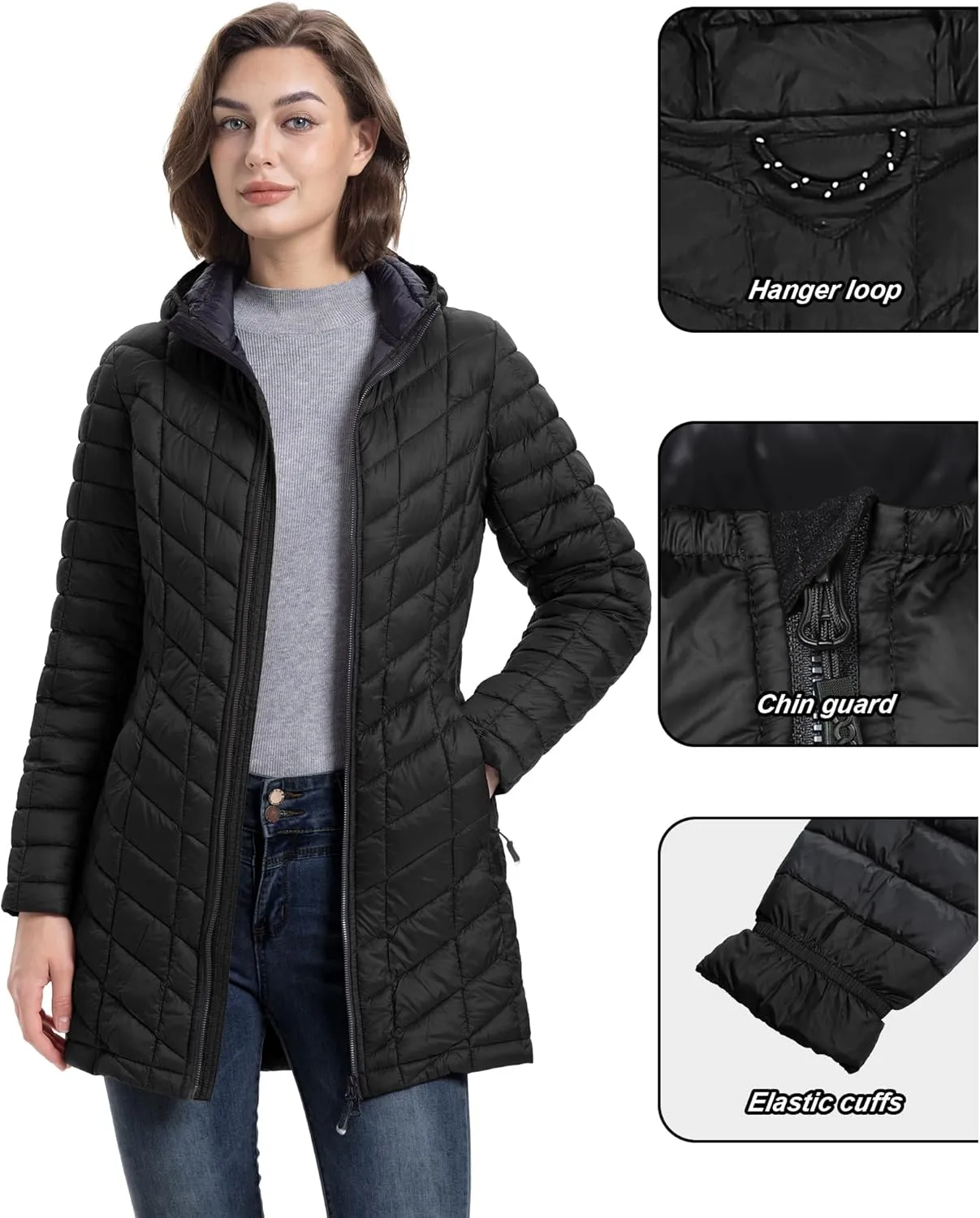 33,000ft Women's Long Puffer Jacket with Hood, Lightweight Warm Puffy Quilted Winter Coats