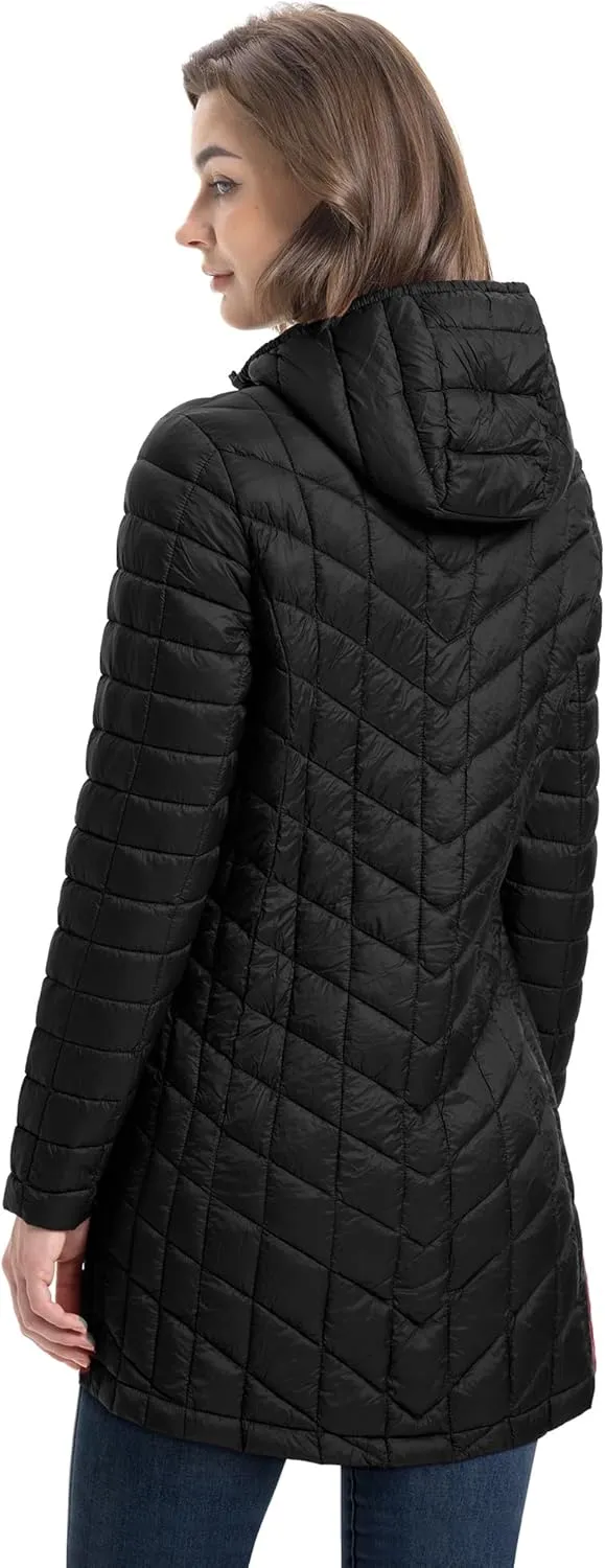 33,000ft Women's Long Puffer Jacket with Hood, Lightweight Warm Puffy Quilted Winter Coats