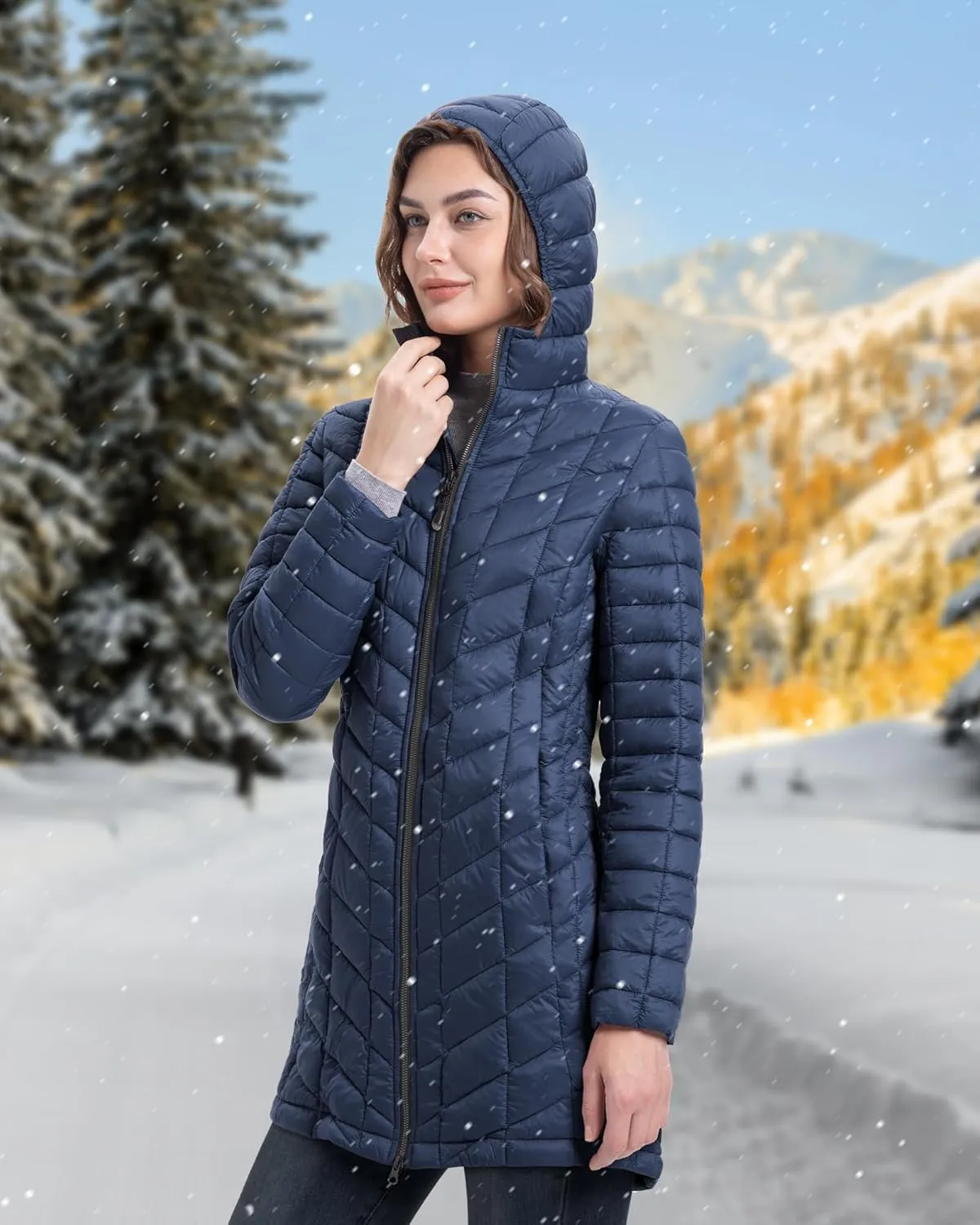 33,000ft Women's Long Puffer Jacket with Hood, Lightweight Warm Puffy Quilted Winter Coats
