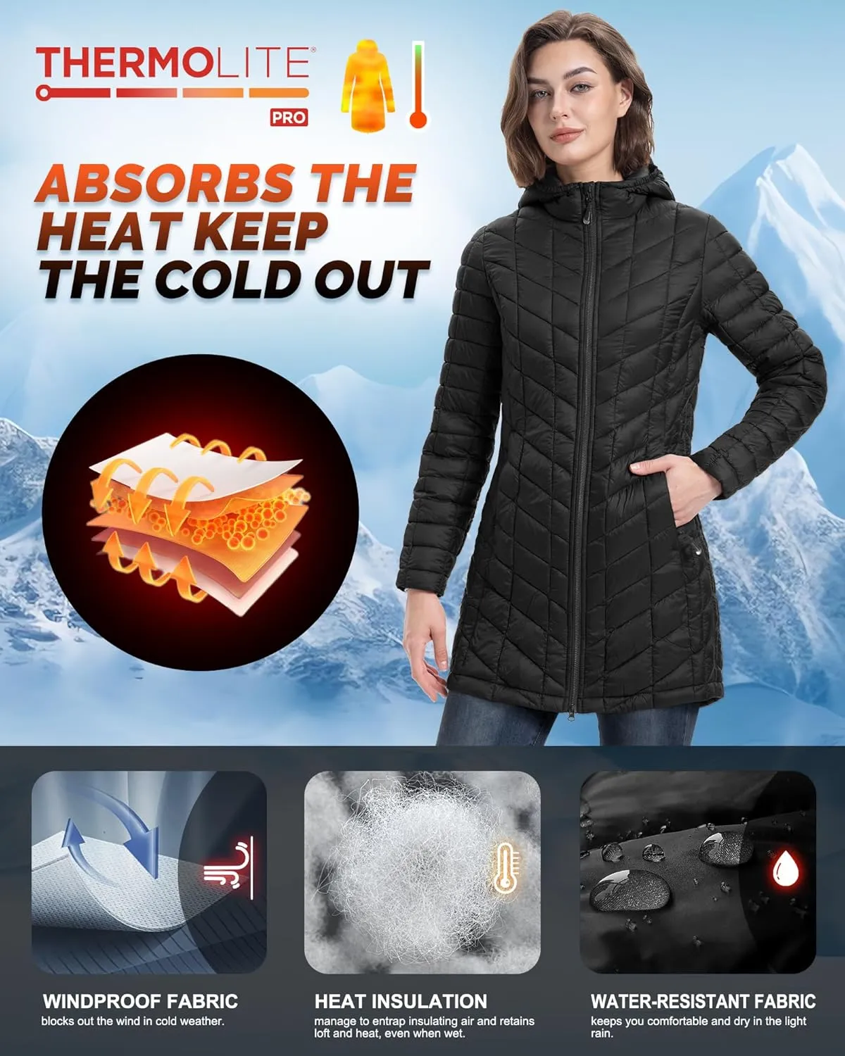 33,000ft Women's Long Puffer Jacket with Hood, Lightweight Warm Puffy Quilted Winter Coats