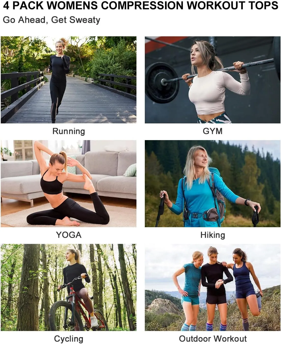 4 Pack Women's Compression Shirts Long Sleeve Athletic Workout Tops Sun Protection Cool Dry Undershirt for Yoga Gym