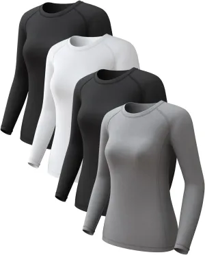 4 Pack Women's Compression Shirts Long Sleeve Athletic Workout Tops Sun Protection Cool Dry Undershirt for Yoga Gym