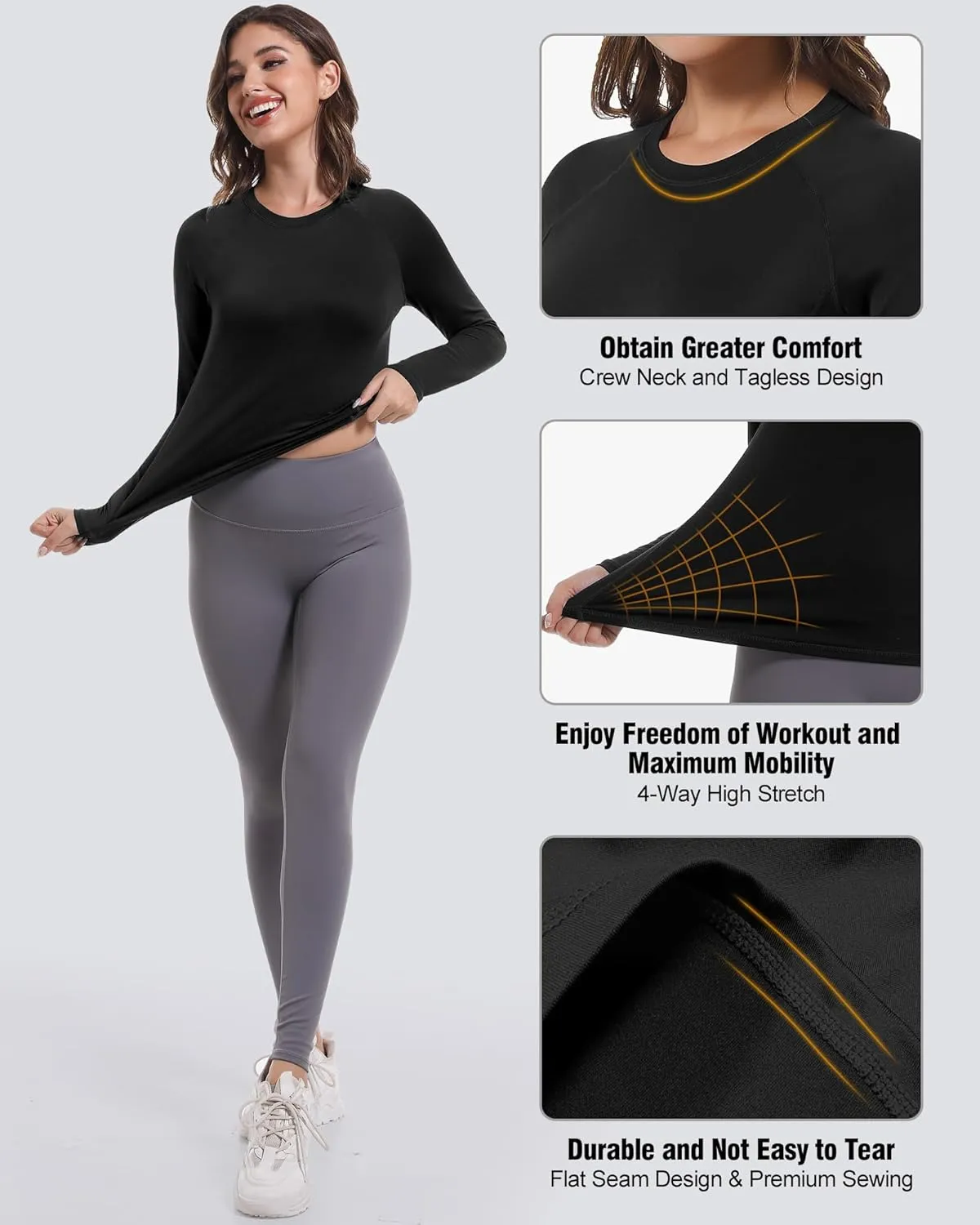 4 Pack Women's Compression Shirts Long Sleeve Athletic Workout Tops Sun Protection Cool Dry Undershirt for Yoga Gym