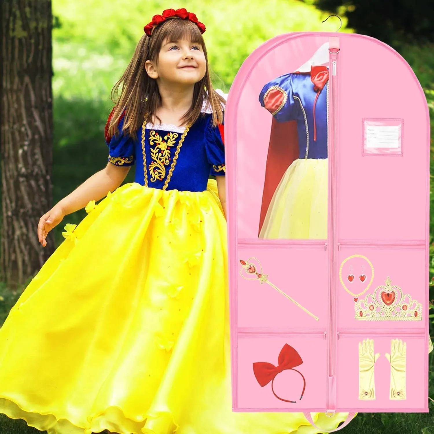 40" Kids Costume Garment Bag with Gusset, 4 Pockets Dance Costume Cover Bag, Waterproof Clothes Hanging Protector Cover, Foldable Travel Storage Cover Bag for Dance Sports Theatre Beauty Pageants
