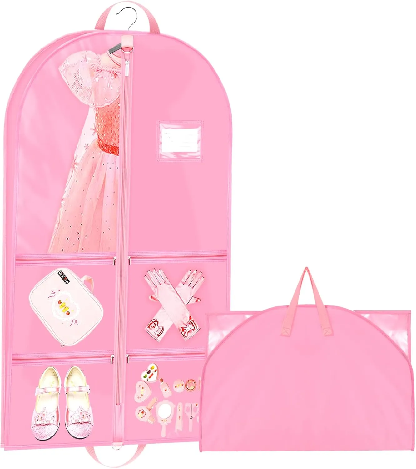 40" Kids Costume Garment Bag with Gusset, 4 Pockets Dance Costume Cover Bag, Waterproof Clothes Hanging Protector Cover, Foldable Travel Storage Cover Bag for Dance Sports Theatre Beauty Pageants