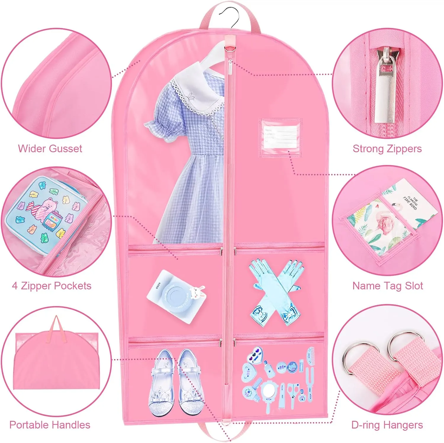 40" Kids Costume Garment Bag with Gusset, 4 Pockets Dance Costume Cover Bag, Waterproof Clothes Hanging Protector Cover, Foldable Travel Storage Cover Bag for Dance Sports Theatre Beauty Pageants