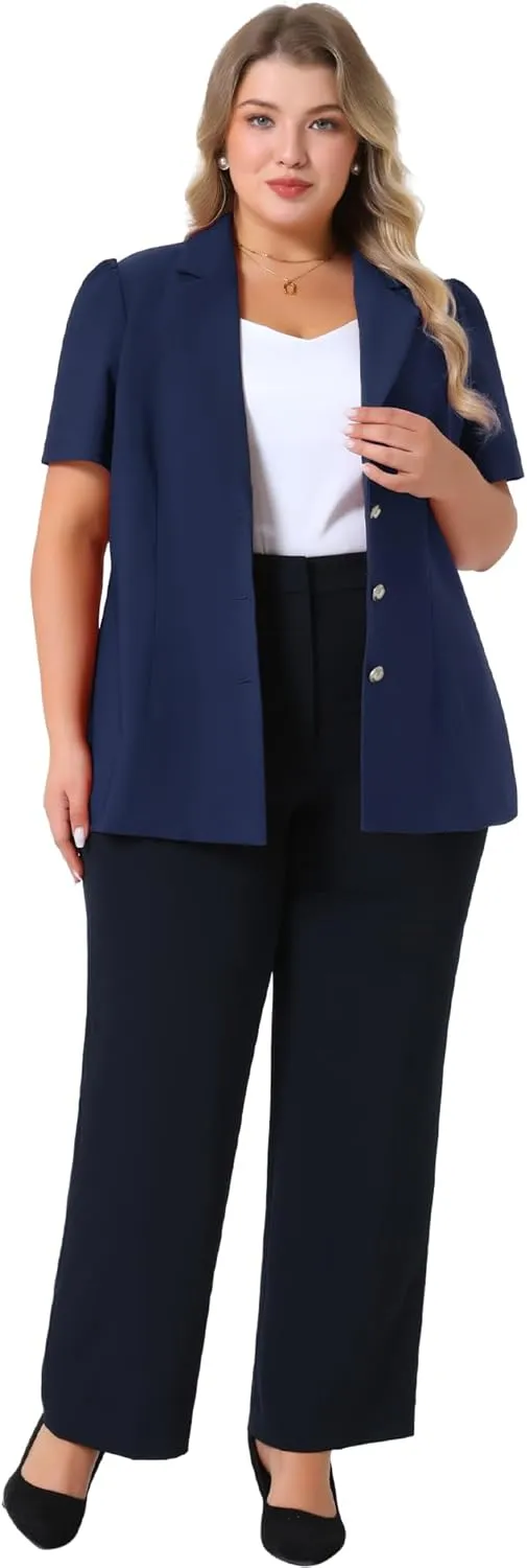 Agnes Orinda Plus Size Women Blazers Short Puff Sleeve Notched Lapel Single Breasted Office Blazer Jackets