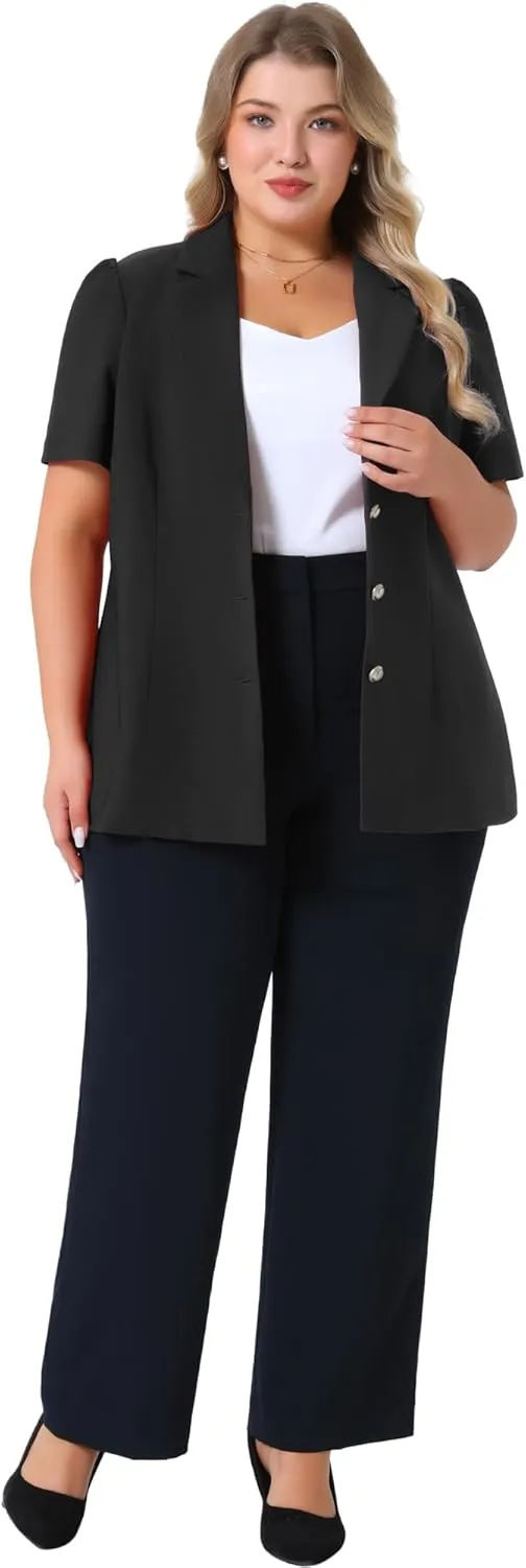 Agnes Orinda Plus Size Women Blazers Short Puff Sleeve Notched Lapel Single Breasted Office Blazer Jackets