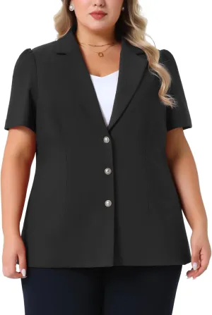 Agnes Orinda Plus Size Women Blazers Short Puff Sleeve Notched Lapel Single Breasted Office Blazer Jackets