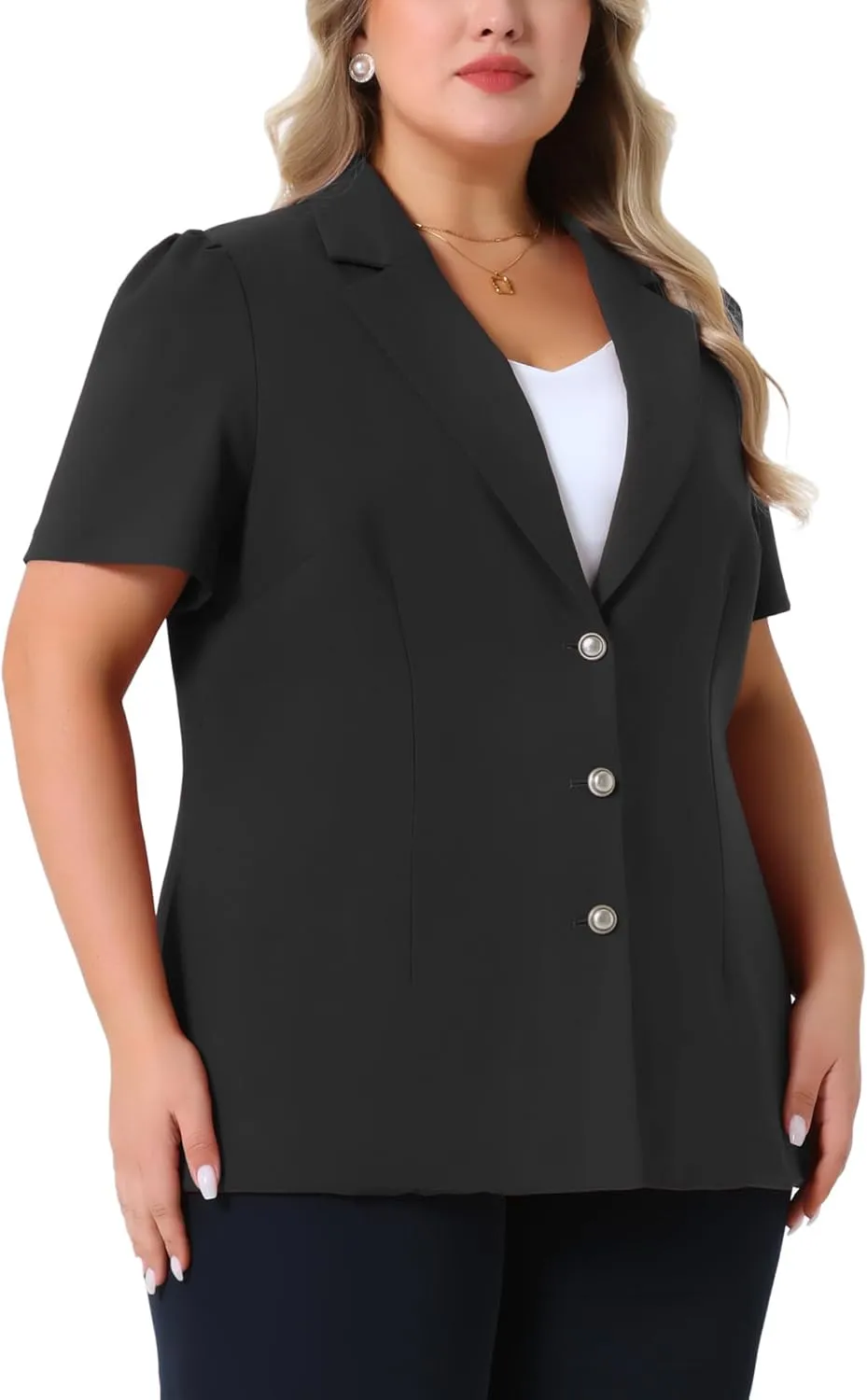 Agnes Orinda Plus Size Women Blazers Short Puff Sleeve Notched Lapel Single Breasted Office Blazer Jackets