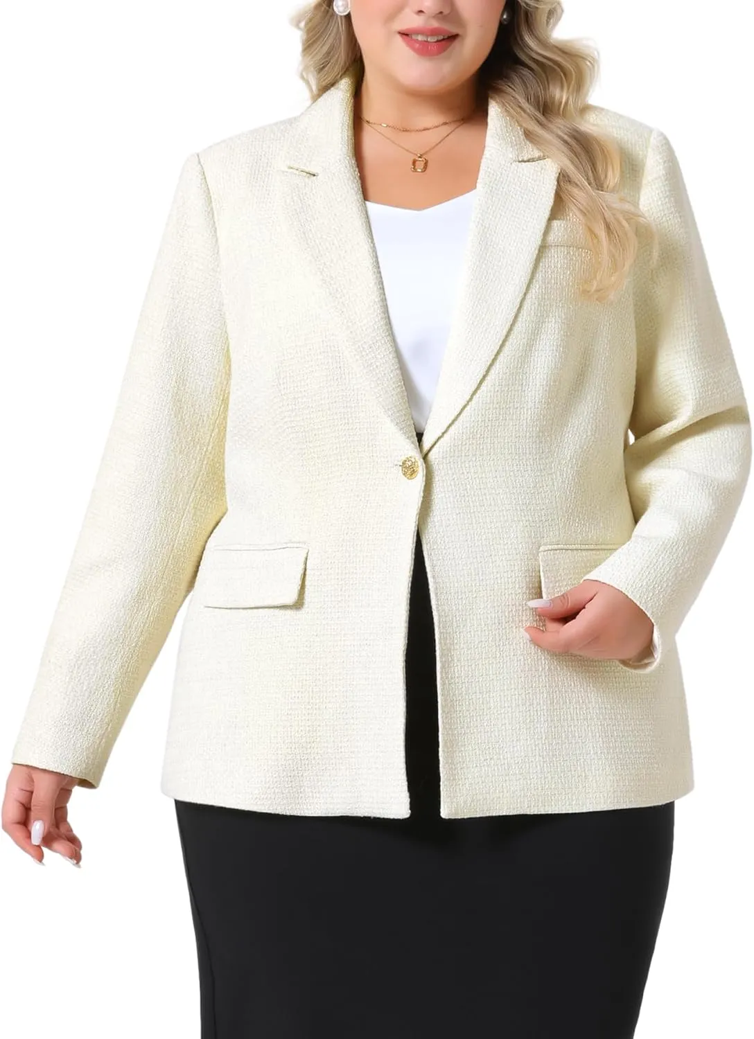Agnes Orinda Plus Size Womens Tweed Blazers Casual Open Front Long Sleeve Work Office Suits Blazer Jackets