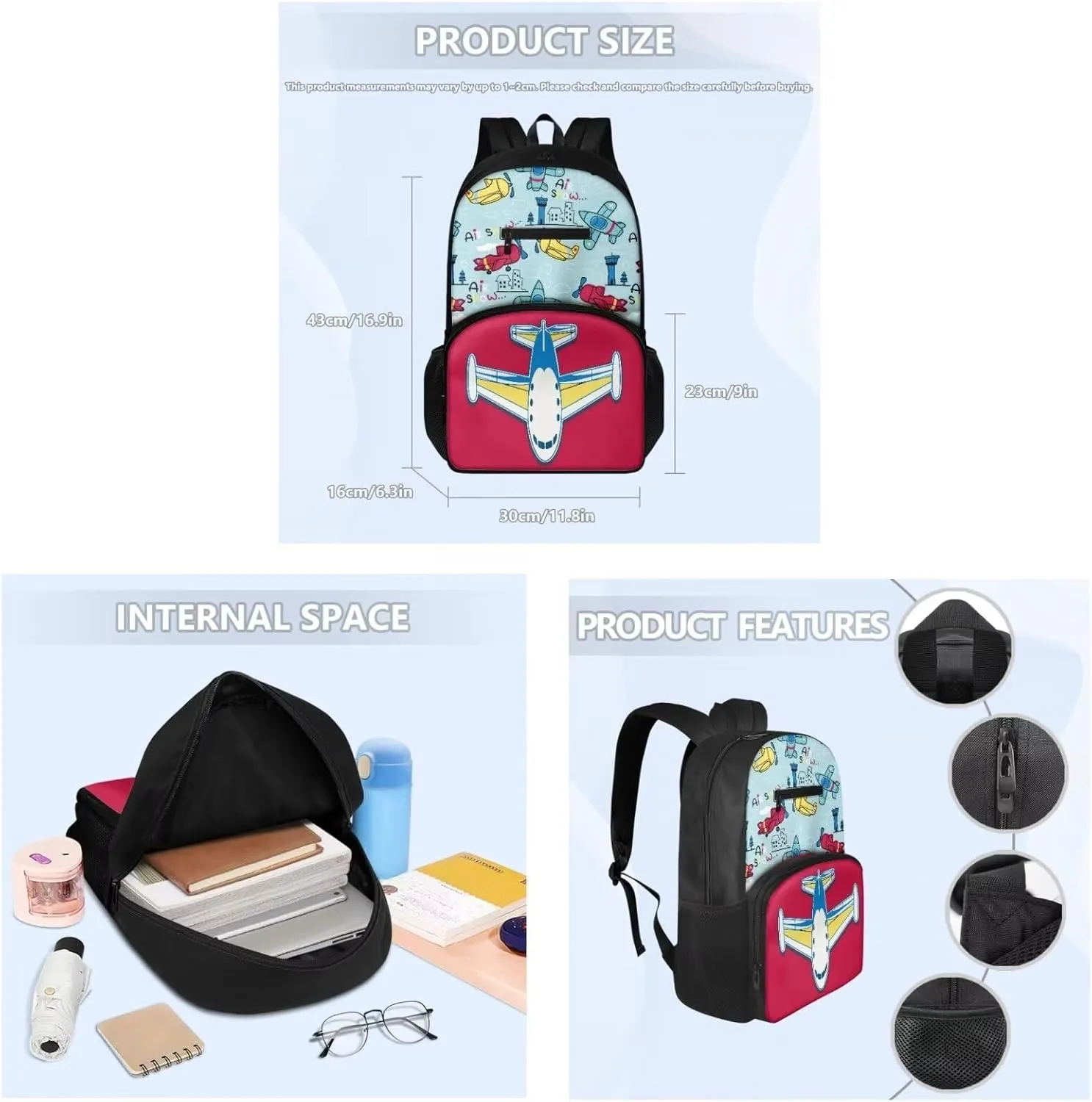 Airplane Print School Backapck Set for Girls 6-8 Backpack for School Multi-functional Rucksack Portable Lunch Bag Set with Small Pencil Case and Book Cover