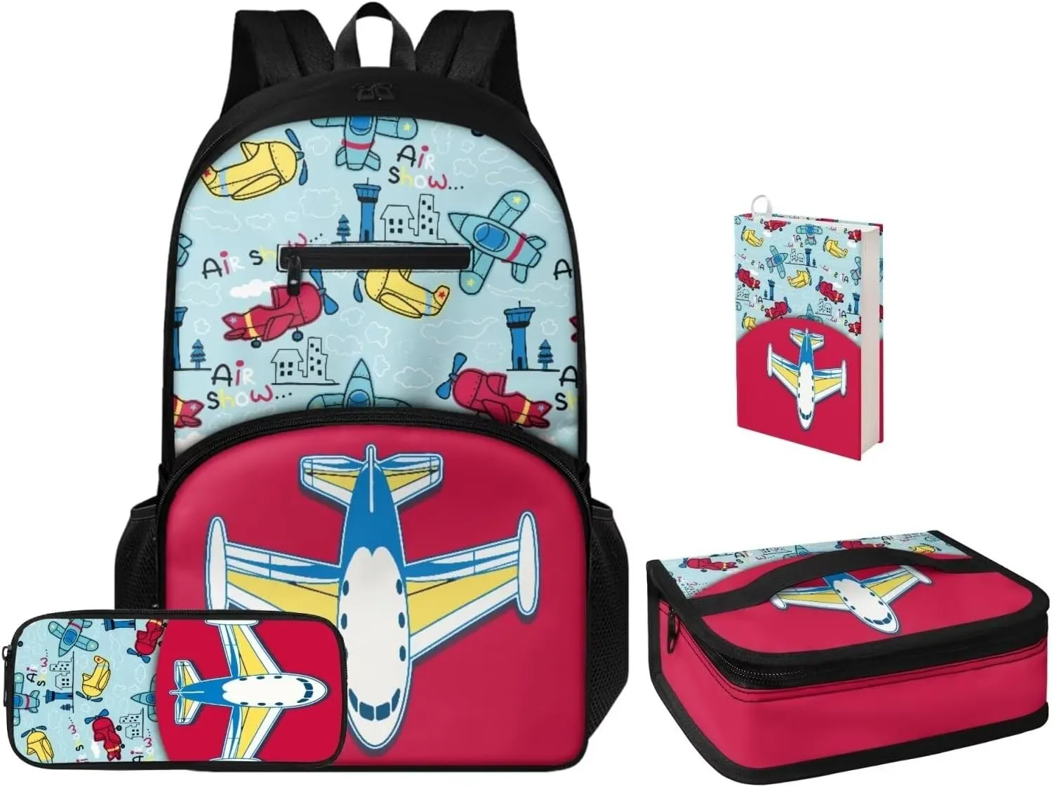 Airplane Print School Backapck Set for Girls 6-8 Backpack for School Multi-functional Rucksack Portable Lunch Bag Set with Small Pencil Case and Book Cover