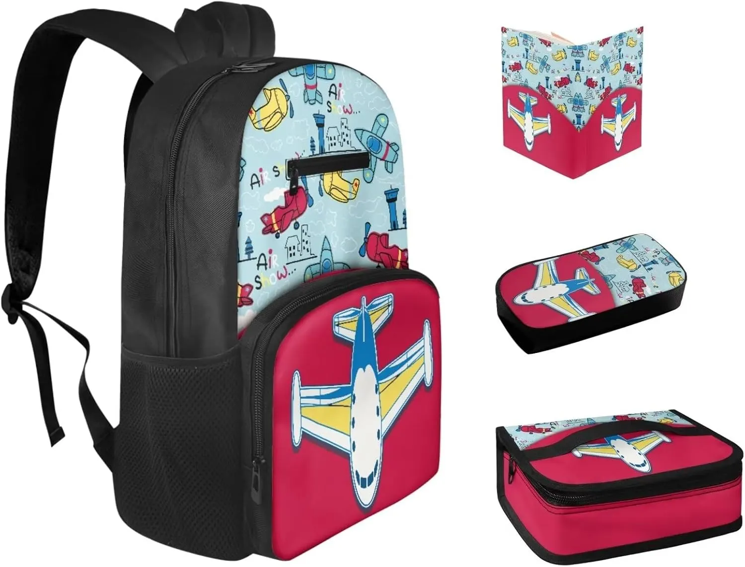 Airplane Print School Backapck Set for Girls 6-8 Backpack for School Multi-functional Rucksack Portable Lunch Bag Set with Small Pencil Case and Book Cover