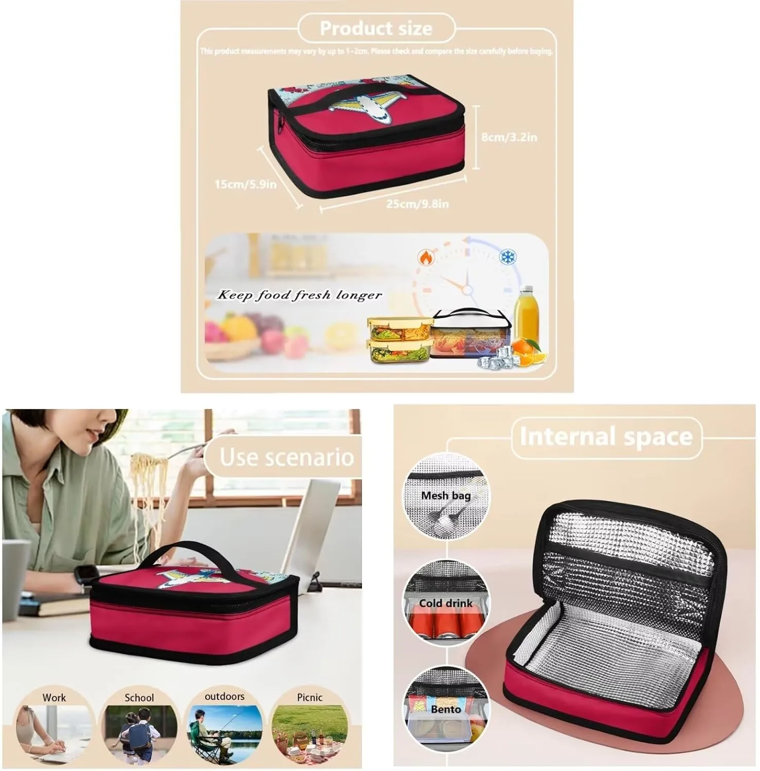 Airplane Print School Backapck Set for Girls 6-8 Backpack for School Multi-functional Rucksack Portable Lunch Bag Set with Small Pencil Case and Book Cover