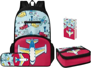 Airplane Print School Backapck Set for Girls 6-8 Backpack for School Multi-functional Rucksack Portable Lunch Bag Set with Small Pencil Case and Book Cover