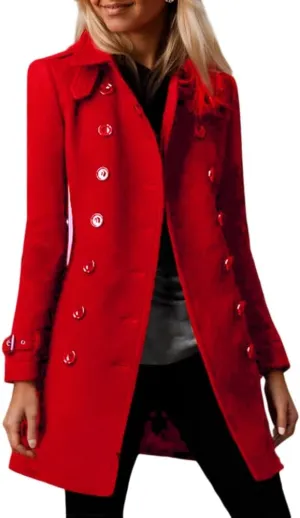 Akivide Women's Winter Warm Thicken Double Breasted Wool Blend Trench Peacoat 2024 Trendy Lapel Outerwear Coat with Pockets