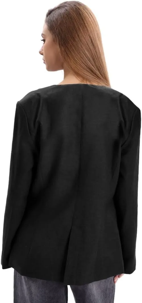 Amazhiyu Women's Linen Blend Round Neck Button Up Blazers Long Sleeve Coat Office