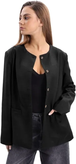 Amazhiyu Women's Linen Blend Round Neck Button Up Blazers Long Sleeve Coat Office