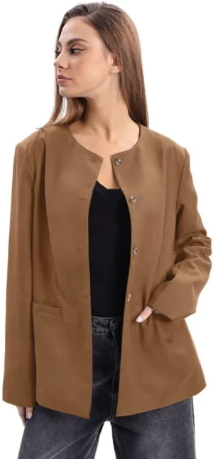 Amazhiyu Women's Linen Blend Round Neck Button Up Blazers Long Sleeve Coat Office