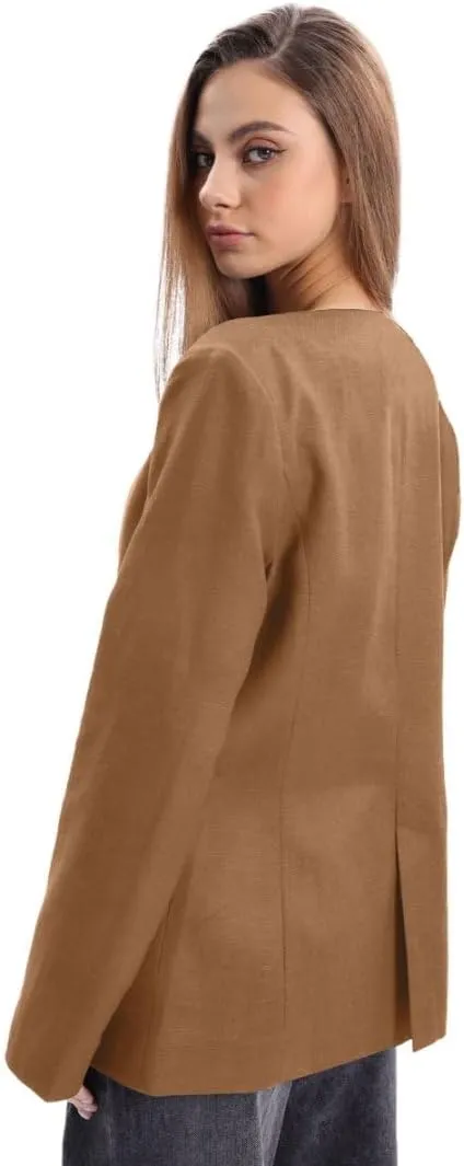 Amazhiyu Women's Linen Blend Round Neck Button Up Blazers Long Sleeve Coat Office