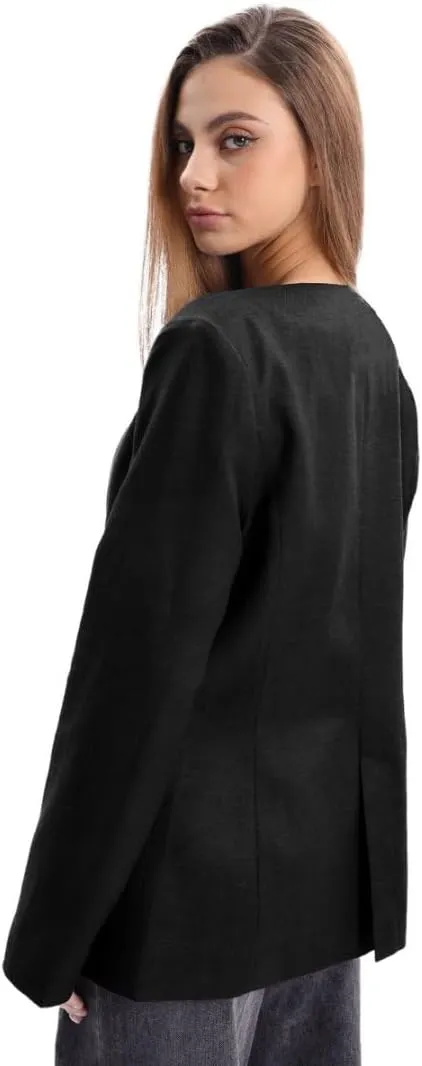 Amazhiyu Women's Linen Blend Round Neck Button Up Blazers Long Sleeve Coat Office