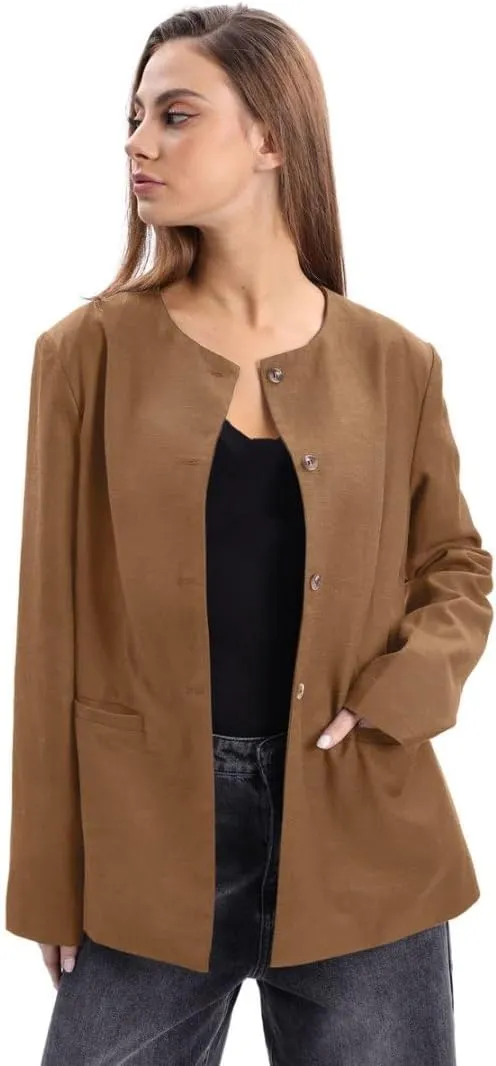 Amazhiyu Women's Linen Blend Round Neck Button Up Blazers Long Sleeve Coat Office