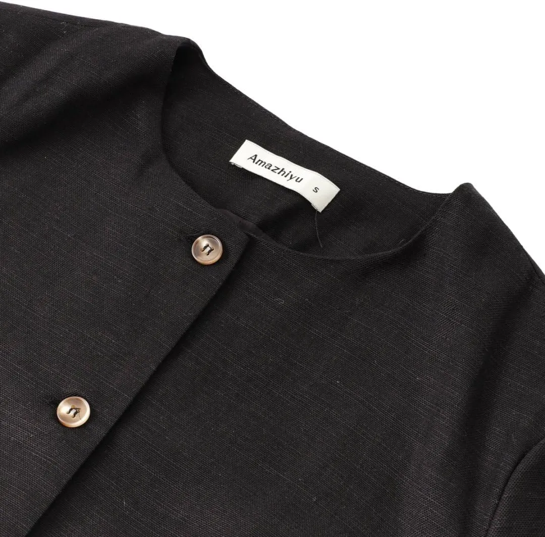 Amazhiyu Women's Linen Blend Round Neck Button Up Blazers Long Sleeve Coat Office