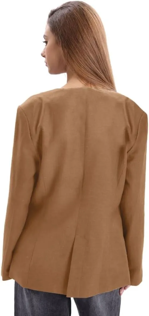 Amazhiyu Women's Linen Blend Round Neck Button Up Blazers Long Sleeve Coat Office