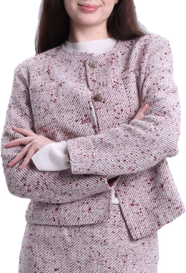 Amazhiyu Womens Wool Button-up Cropped Tweed Jacket Blazer Slim Fit with Pockets
